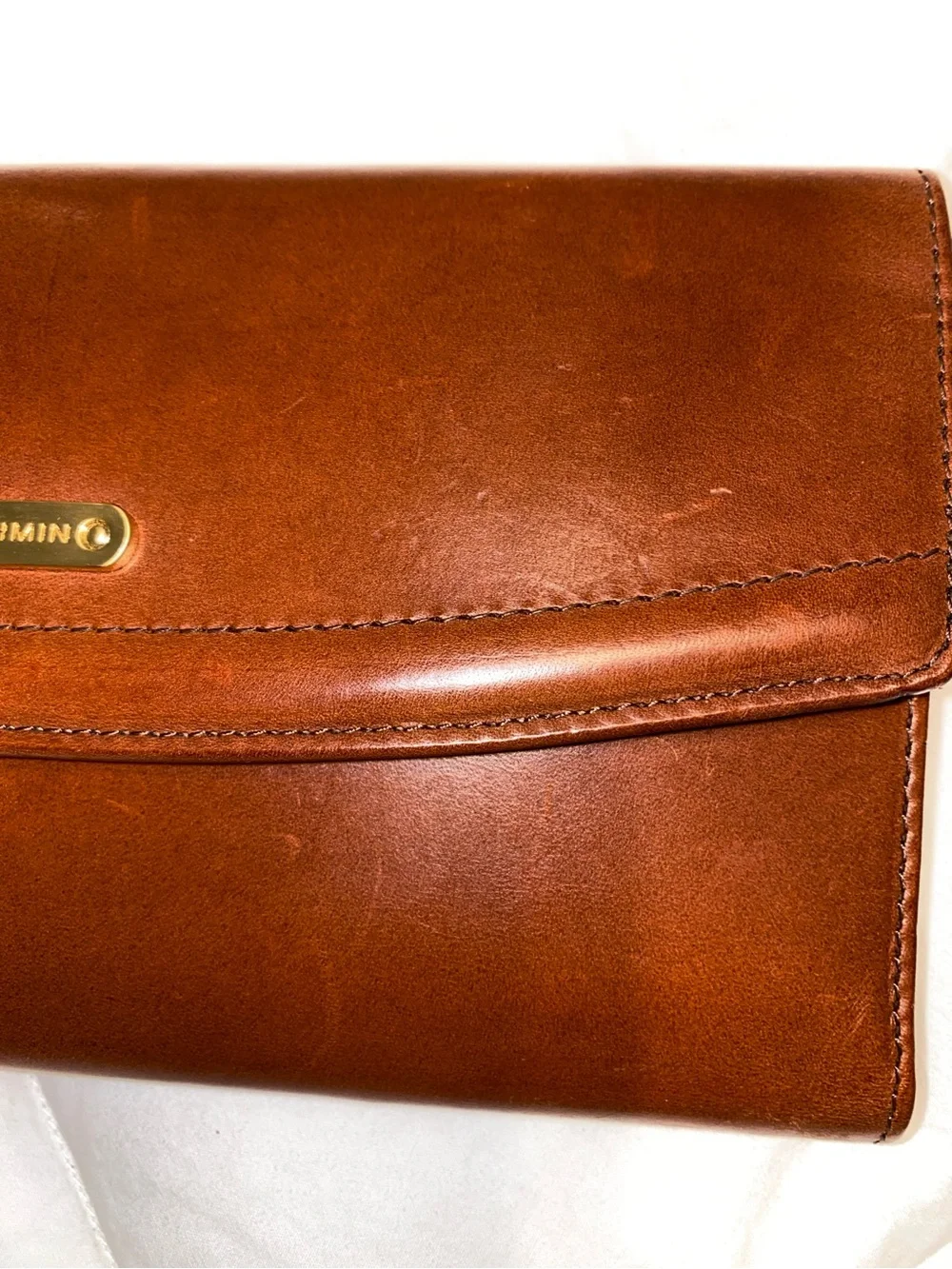 NWT Brahmin Cognac Brown Leather Foldover Wallet with Gold Accent Plaque